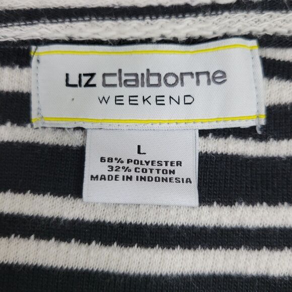 Liz Claibourne Weekend black white striped boat neck 3/4 sleeve top size large - Picture 3 of 6